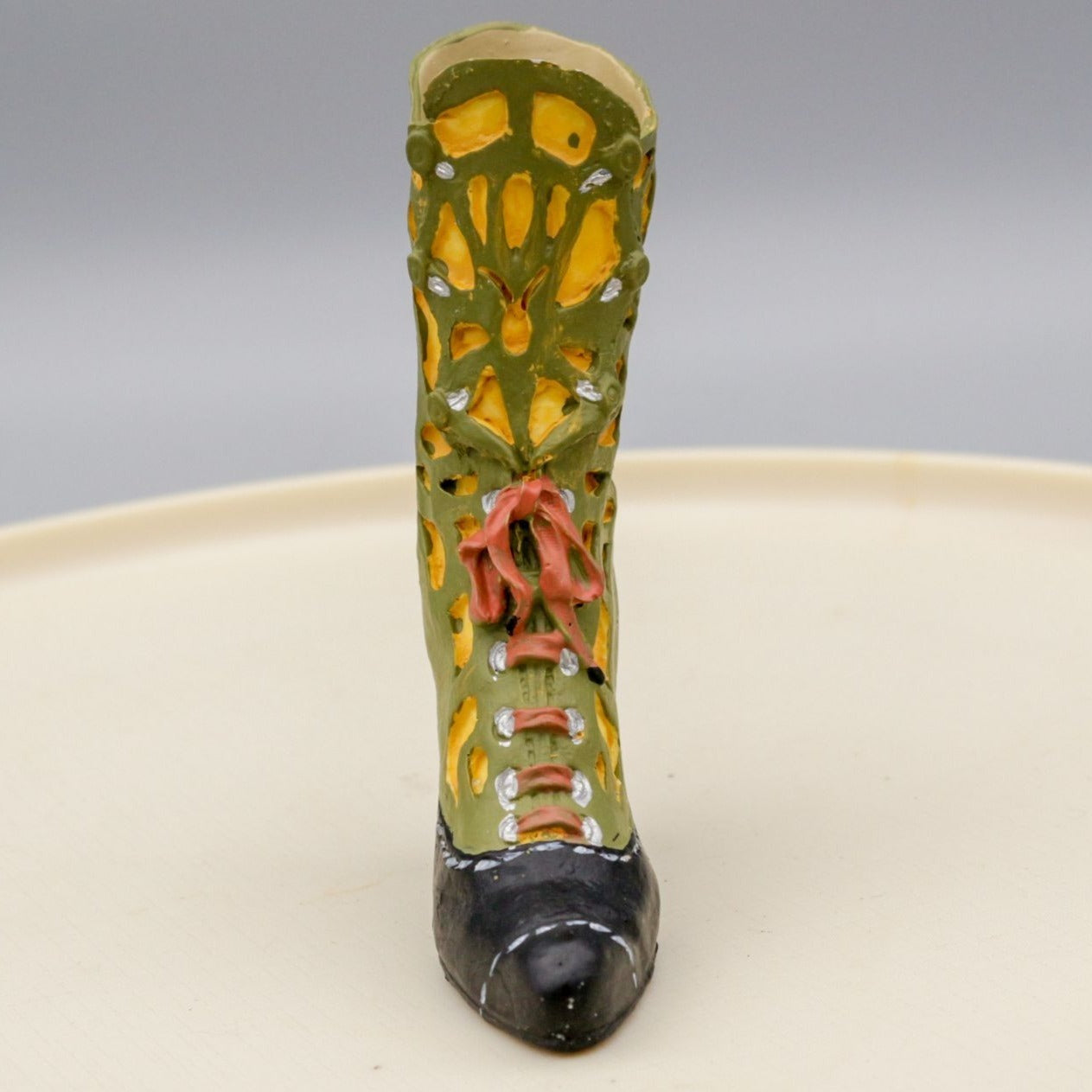 Miniature Shoe Figurine Green and Black Boot Resin Replica