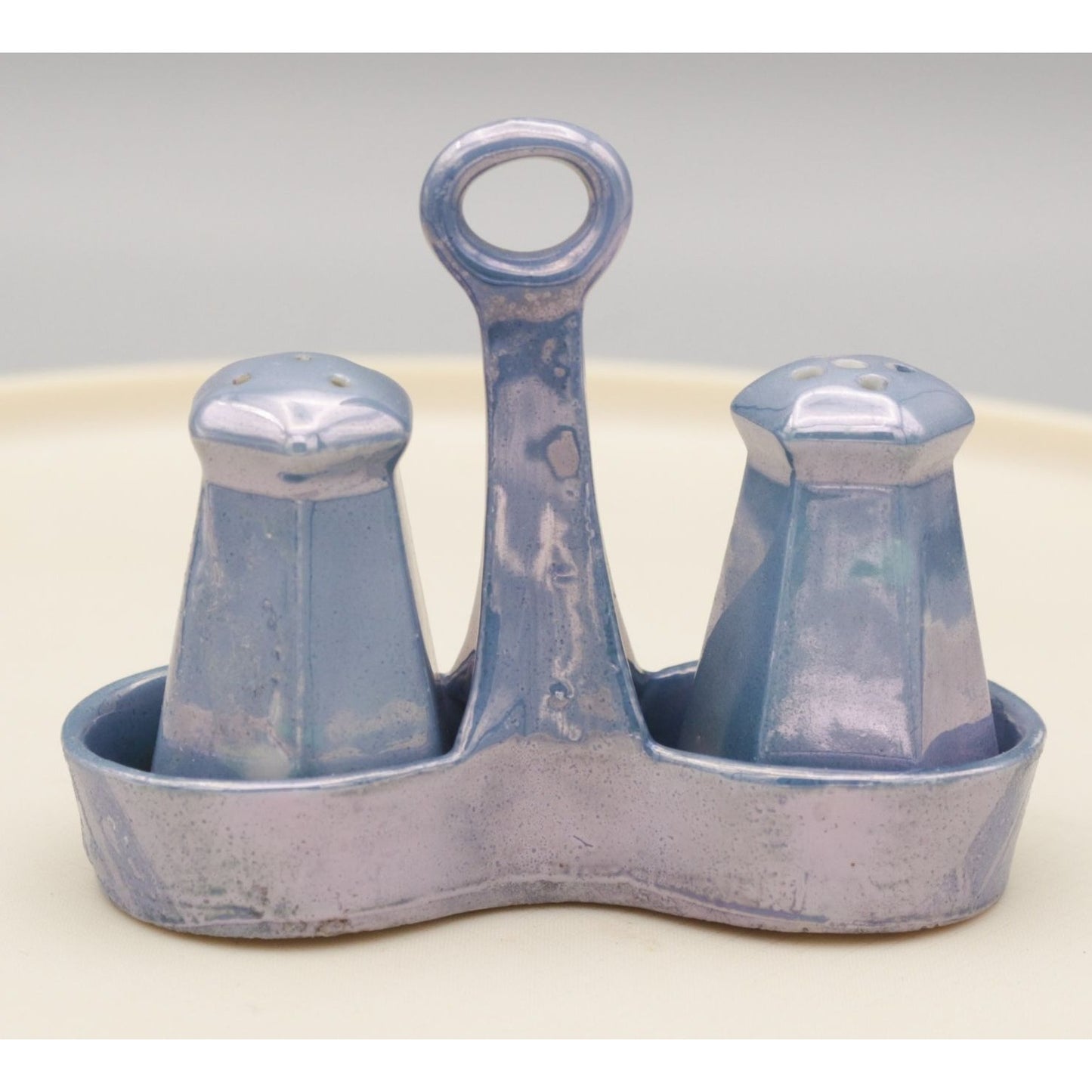 Vintage Blue Lusterware Salt and Pepper Shaker in Caddy Made in Japan Miniature