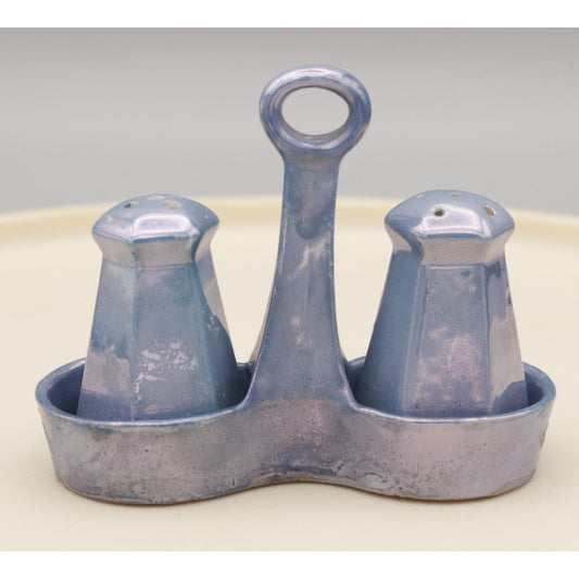 Vintage Blue Lusterware Salt and Pepper Shaker in Caddy Made in Japan Miniature