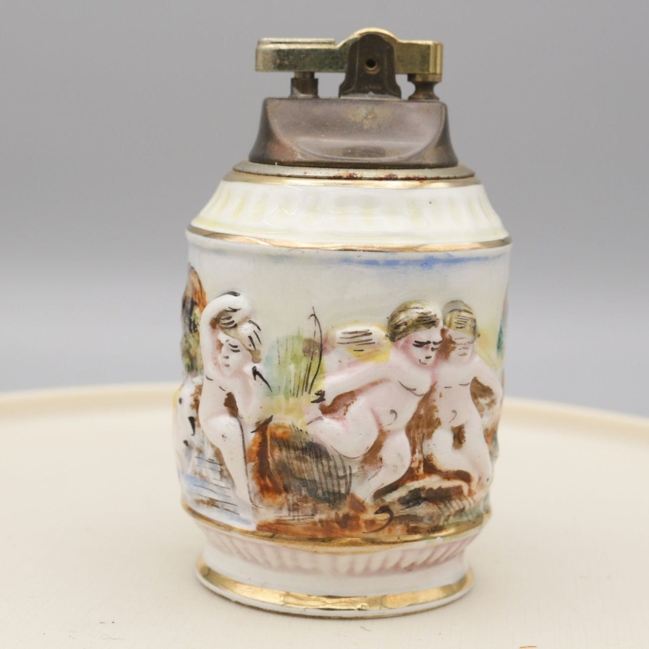 Vintage R. Capodimonte Italy Porcelain Lighter Cherub Scene