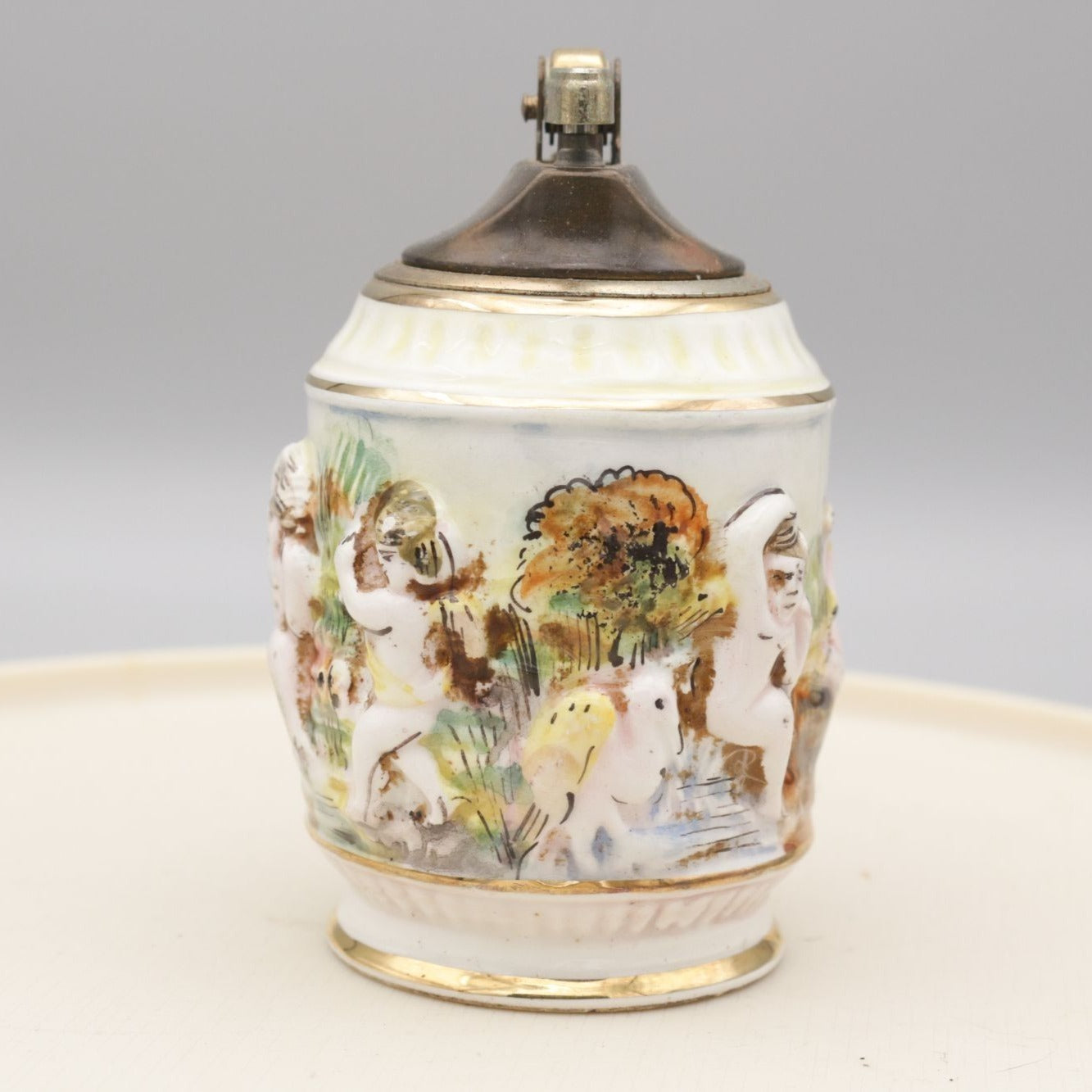 Vintage R. Capodimonte Italy Porcelain Lighter Cherub Scene