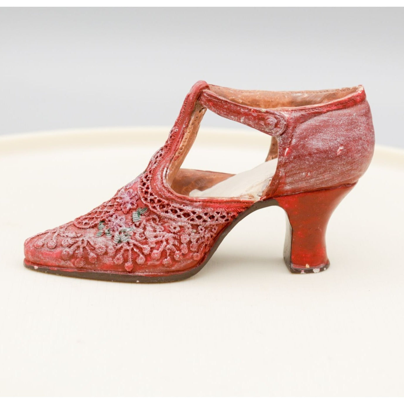 Miniature Shoe Figurine Red Lace Pattern Heel Hand Painted