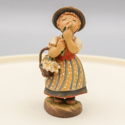 Vintage ANRI Ferrandiz Italy Wooden Hand Carved Figurine Girl With Flowers