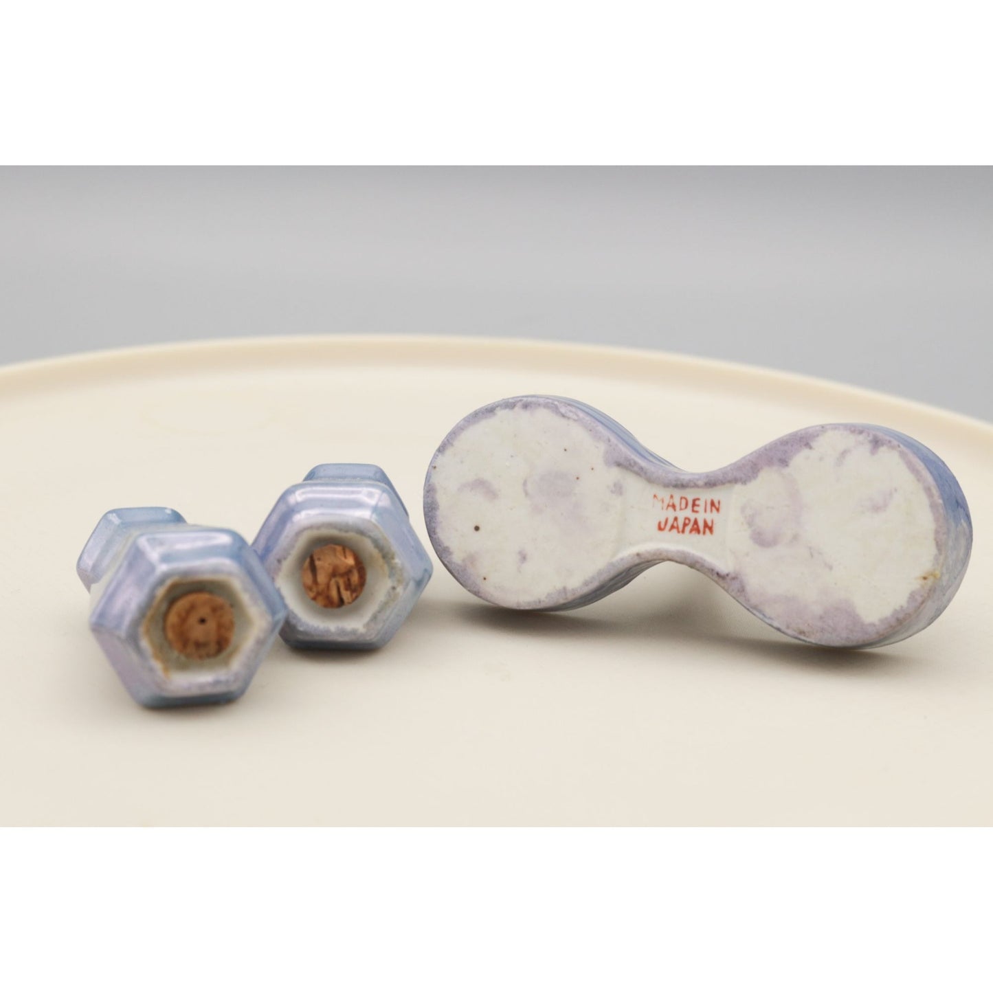 Vintage Blue Lusterware Salt and Pepper Shaker in Caddy Made in Japan Miniature