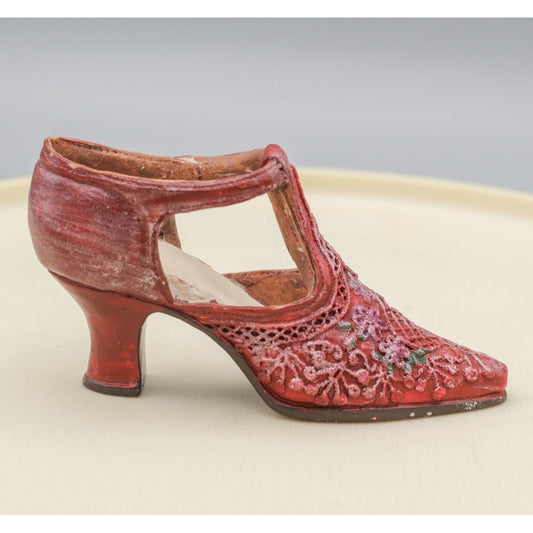 Miniature Shoe Figurine Red Lace Pattern Heel Hand Painted