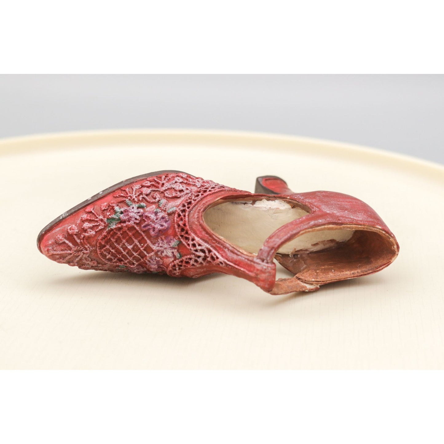Miniature Shoe Figurine Red Lace Pattern Heel Hand Painted