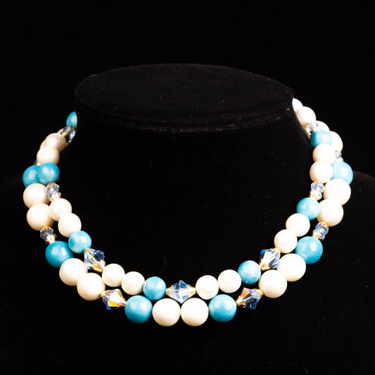 Vintage Faux Pearl Aurora Borealis Blue Gold Beaded 2 Strand Necklace