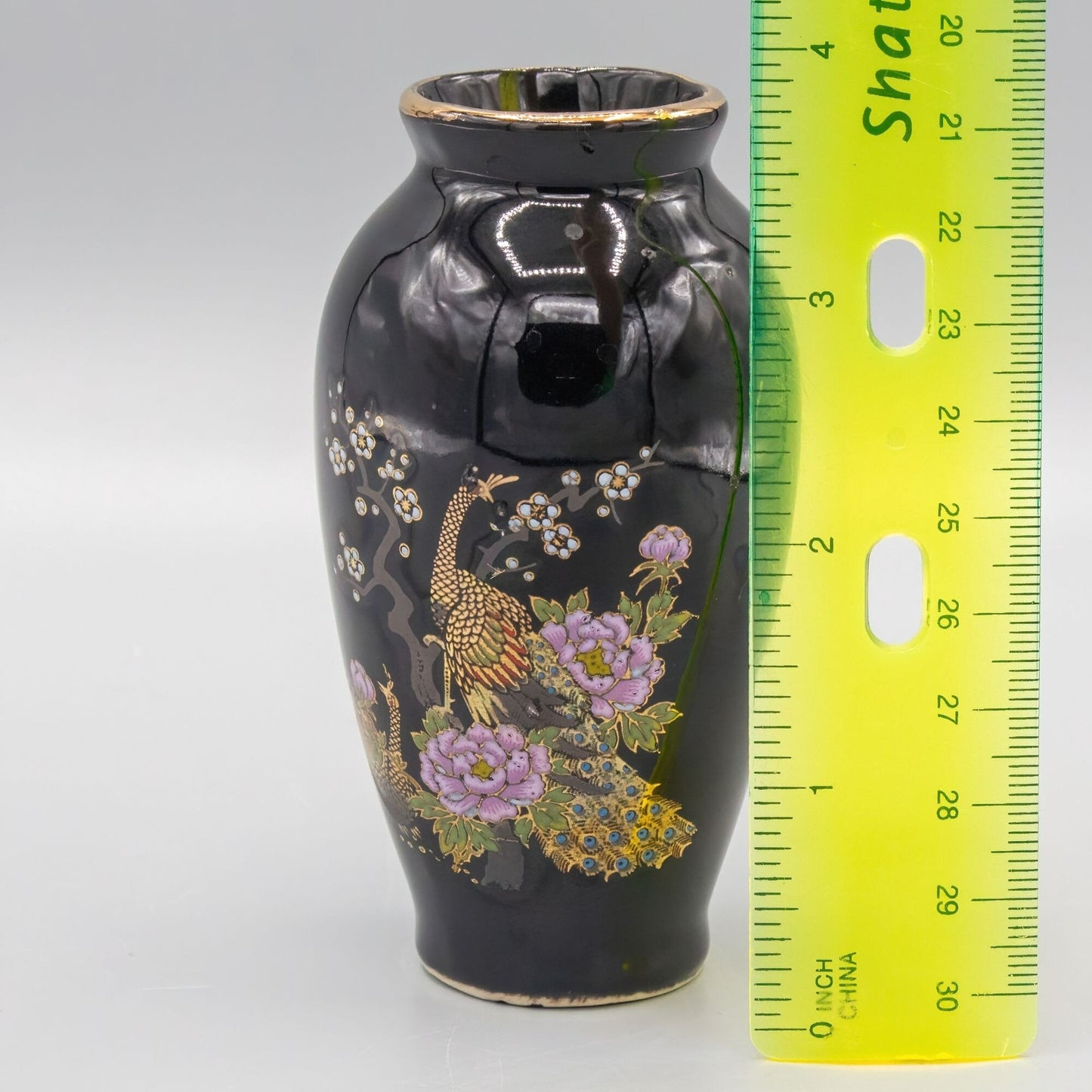 Black and Gold Pheasant Ceramic Miniature Vase Japan 4"