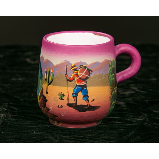 Hand Painted South American Mug Art Pottery Mountain Desert Traveller Scene