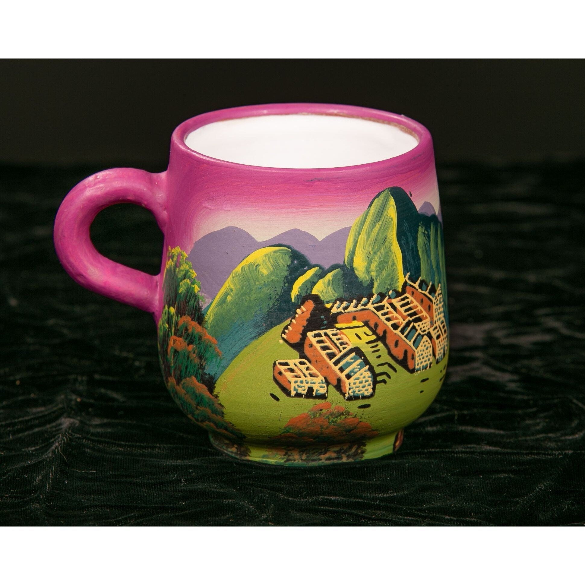 Hand Painted South American Mug Art Pottery Mountain Desert Traveller Scene