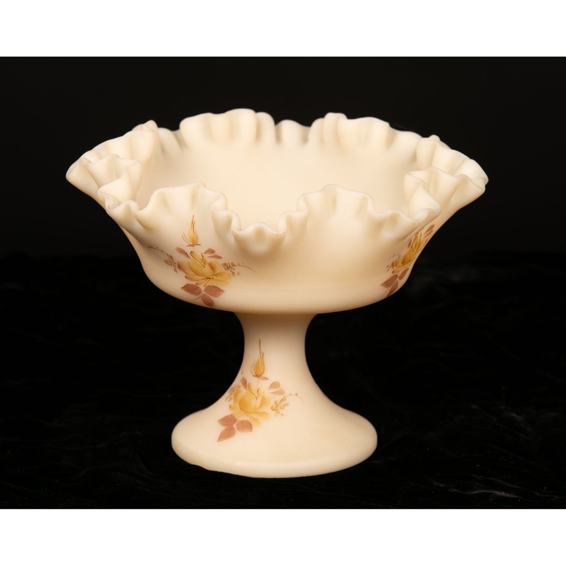 Vintage Hand Painted Fenton Satin Glass Footed Compote Cream Color