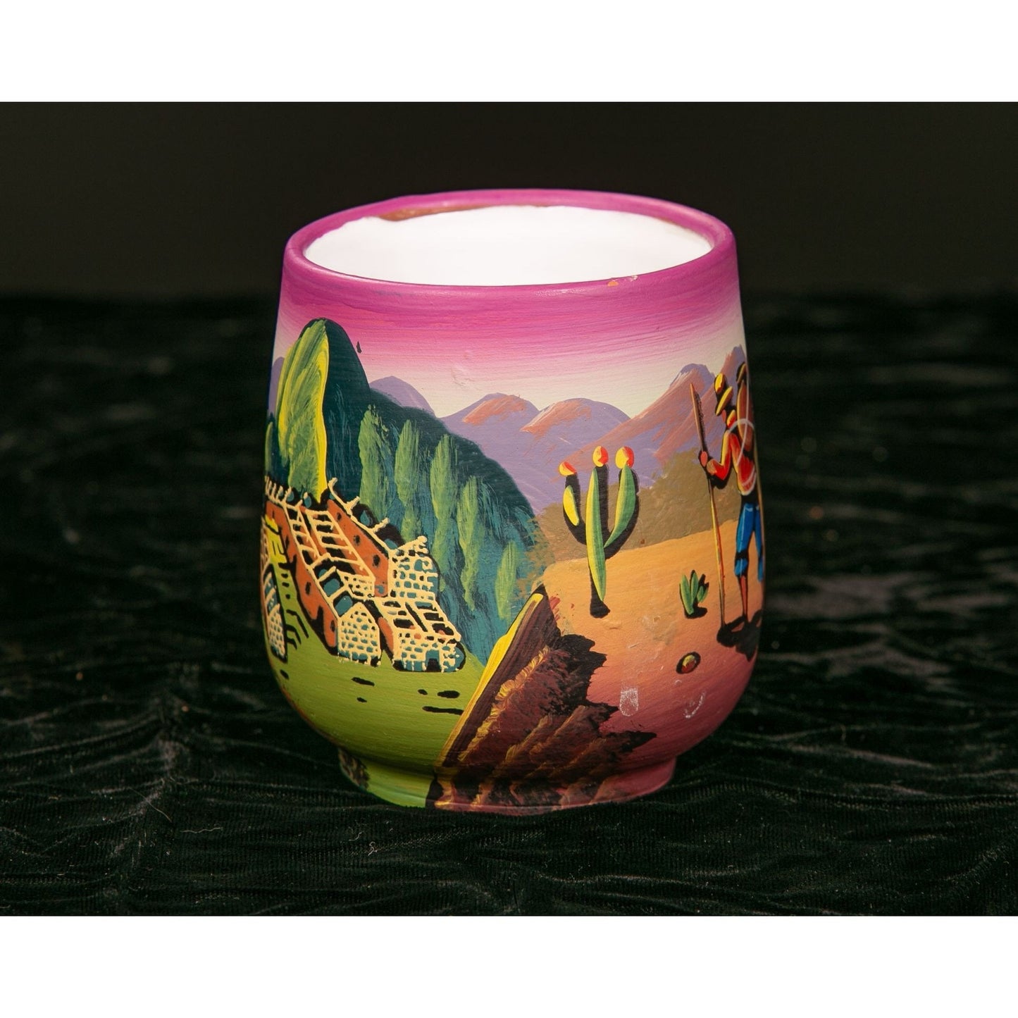 Hand Painted South American Mug Art Pottery Mountain Desert Traveller Scene