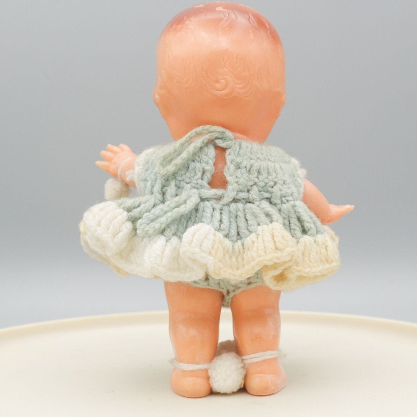 Vintage Kewpie Doll Baby Powder Dispenser Blue Knit Dress
