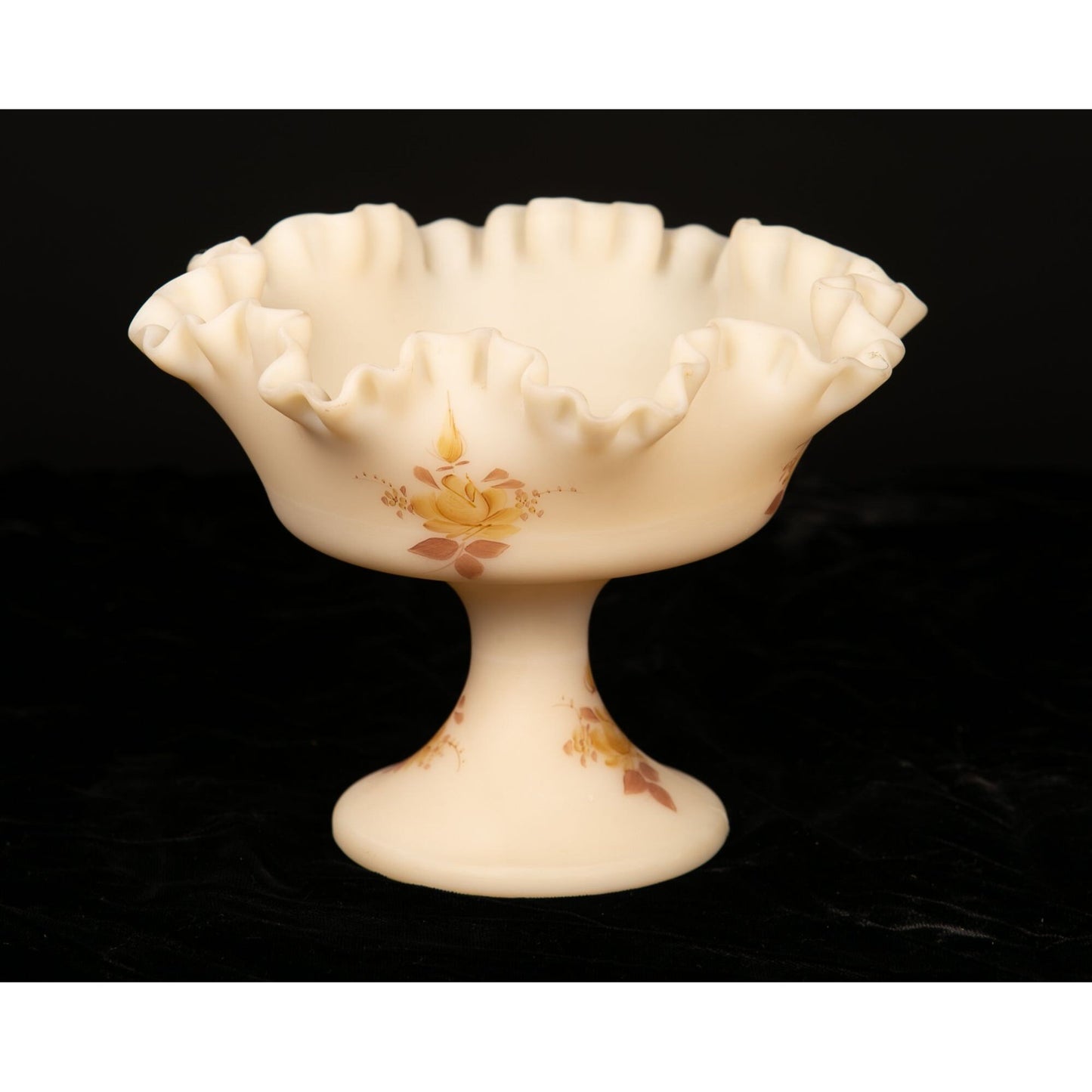 Vintage Hand Painted Fenton Satin Glass Footed Compote Cream Color