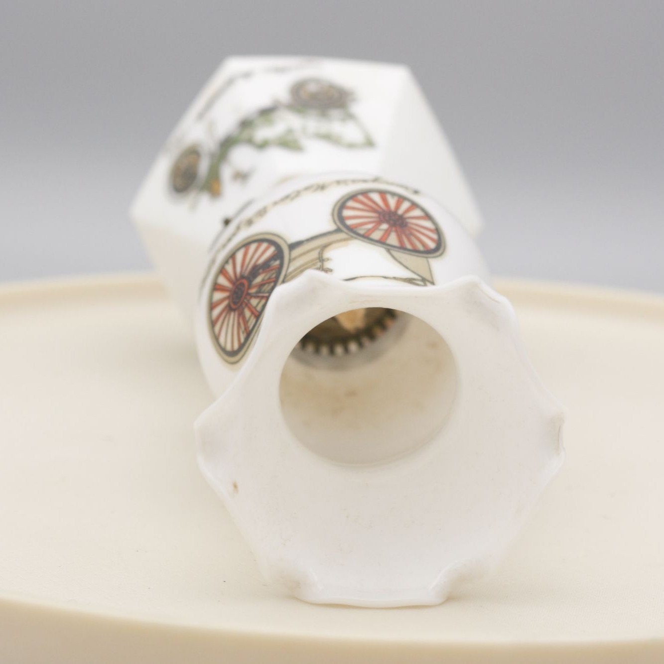 Vintage Milk Glass Oil Lamp Small 7.5" With Vehicle Motifs AS IS