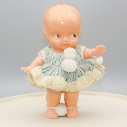 Vintage Kewpie Doll Baby Powder Dispenser Blue Knit Dress