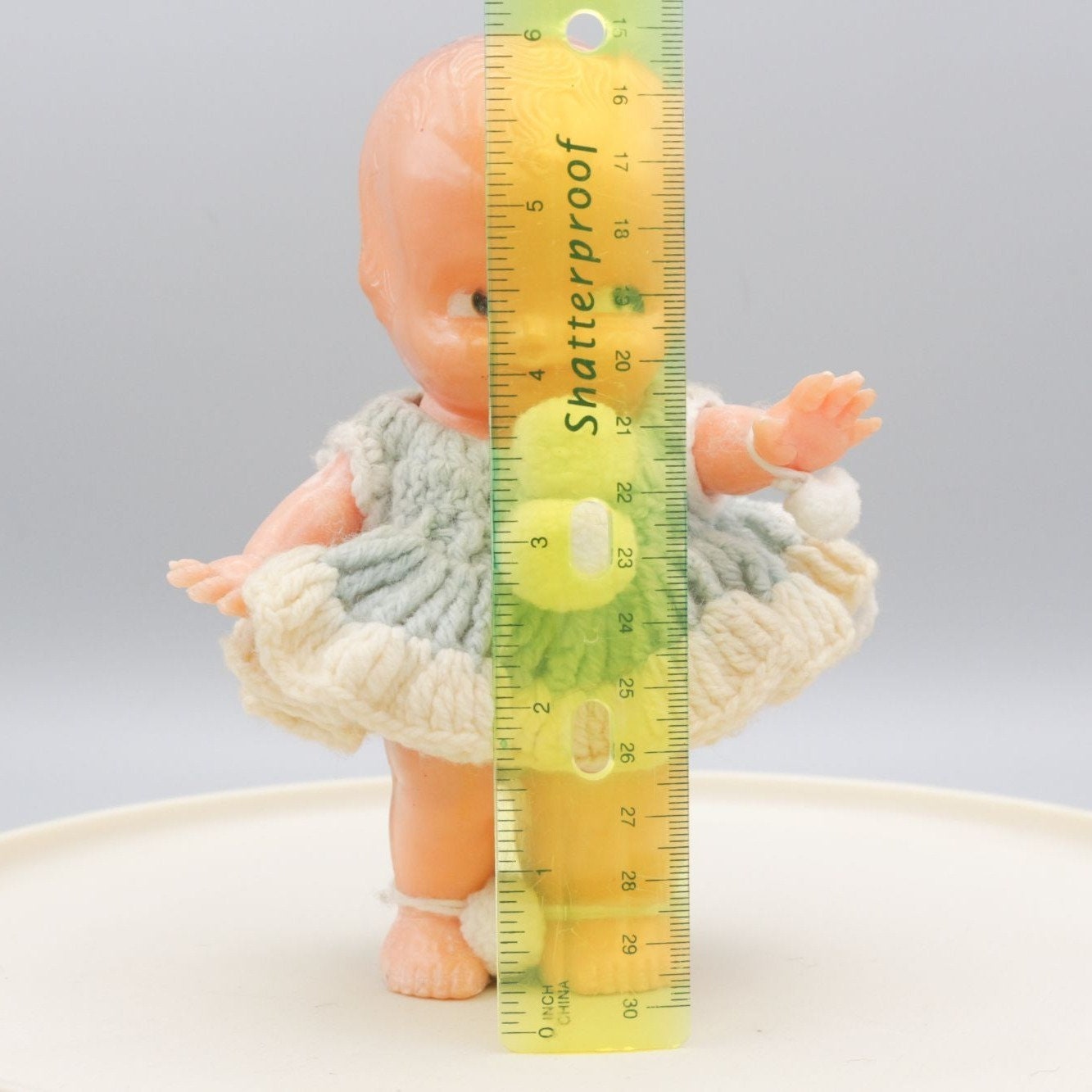 Vintage Kewpie Doll Baby Powder Dispenser Blue Knit Dress