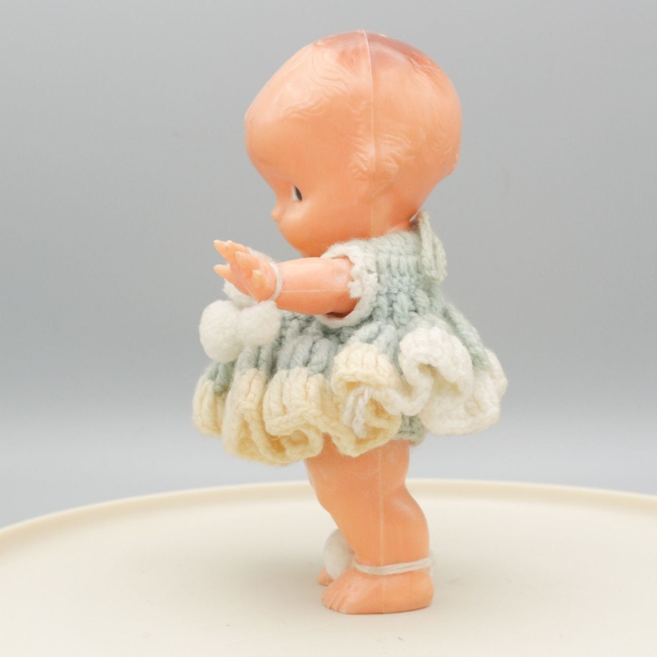 Vintage Kewpie Doll Baby Powder Dispenser Blue Knit Dress