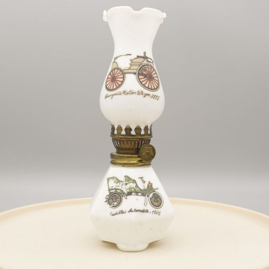 Vintage Milk Glass Oil Lamp Small 7.5" With Vehicle Motifs AS IS