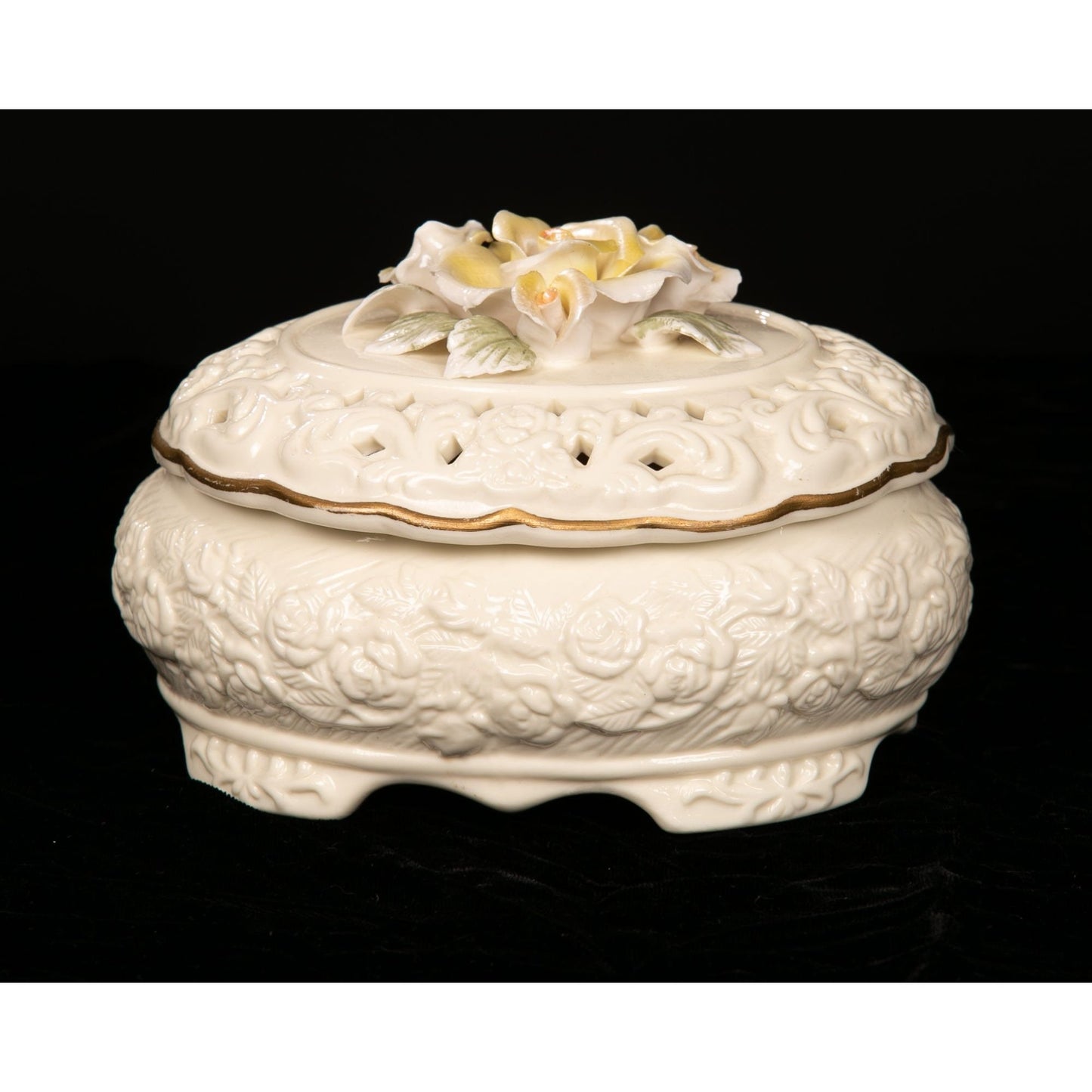 Vintage Floral Ceramic Trinket Box With Lid Applied Flowers AS IS