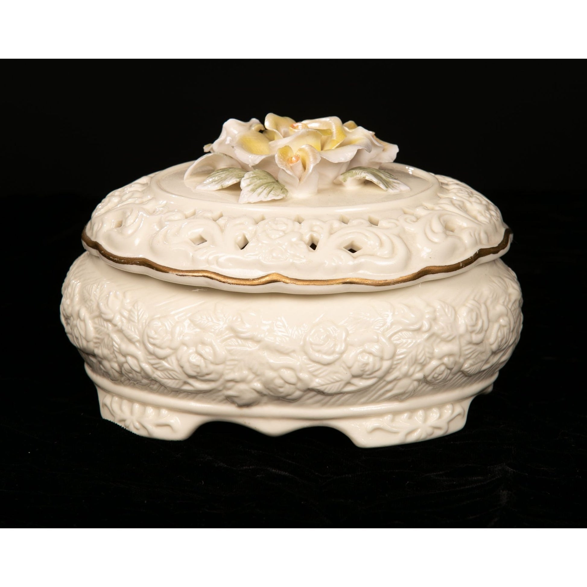 Vintage Floral Ceramic Trinket Box With Lid Applied Flowers AS IS