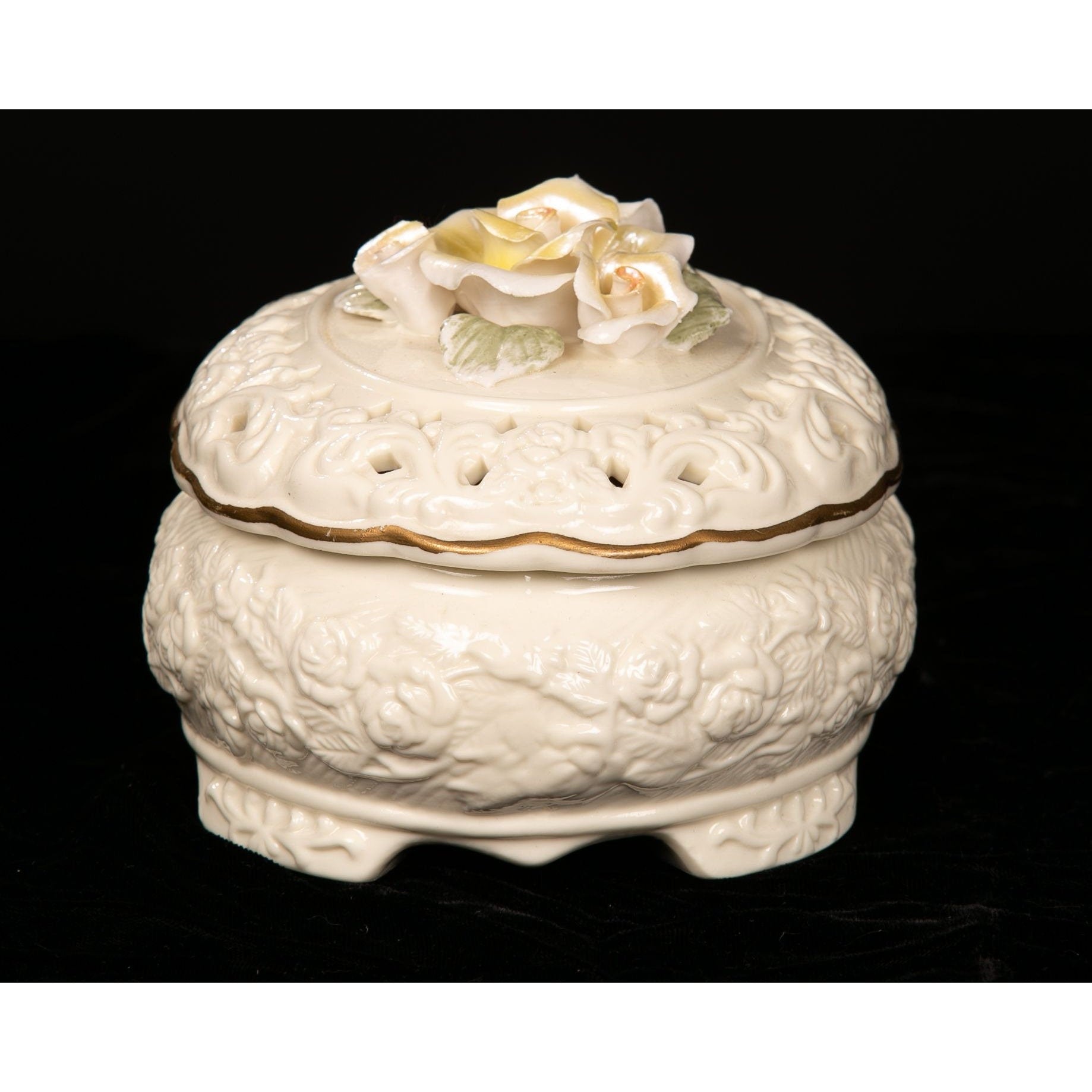 Vintage Floral Ceramic Trinket Box With Lid Applied Flowers AS IS