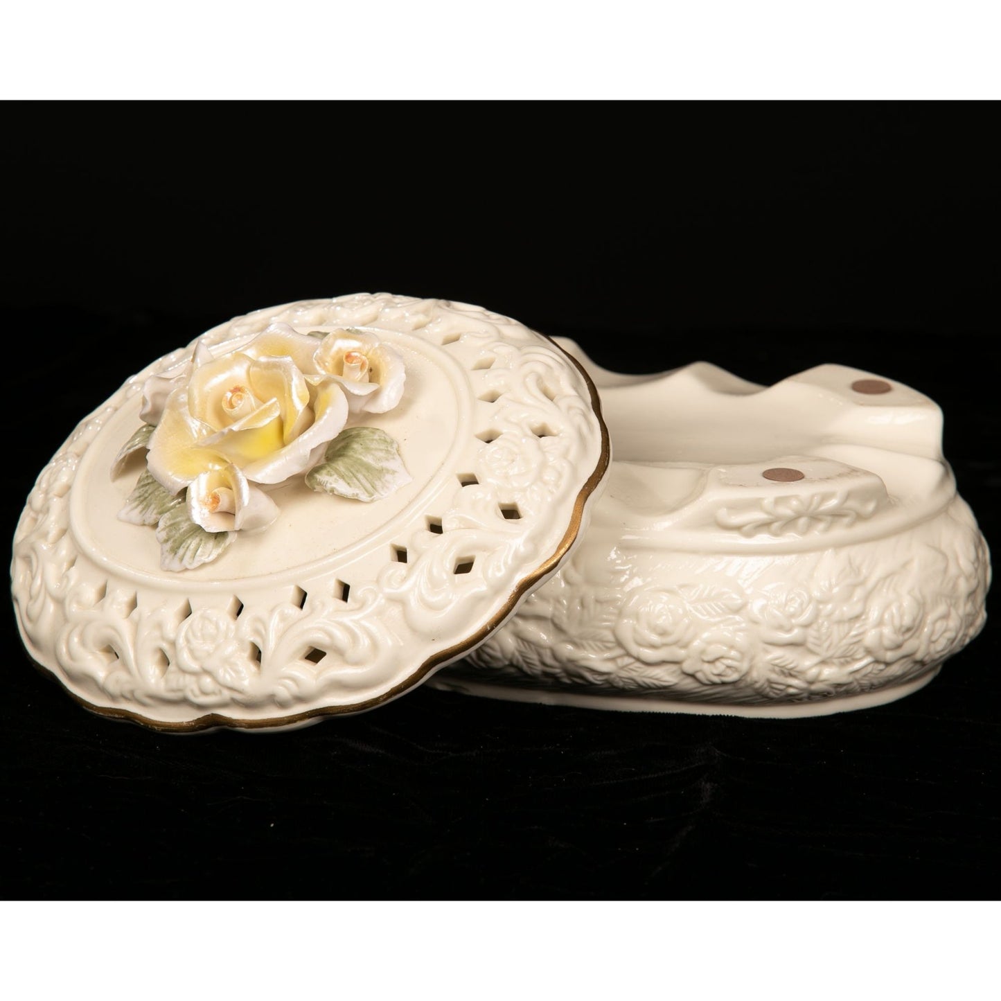 Vintage Floral Ceramic Trinket Box With Lid Applied Flowers AS IS