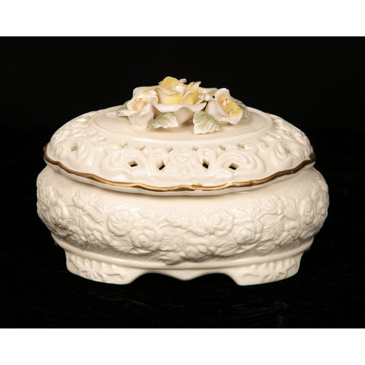 Vintage Floral Ceramic Trinket Box With Lid Applied Flowers AS IS