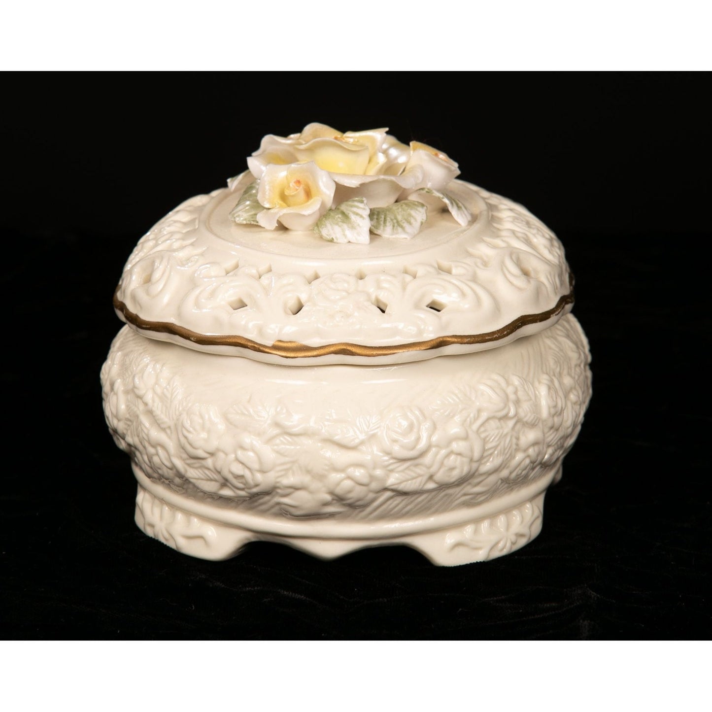 Vintage Floral Ceramic Trinket Box With Lid Applied Flowers AS IS