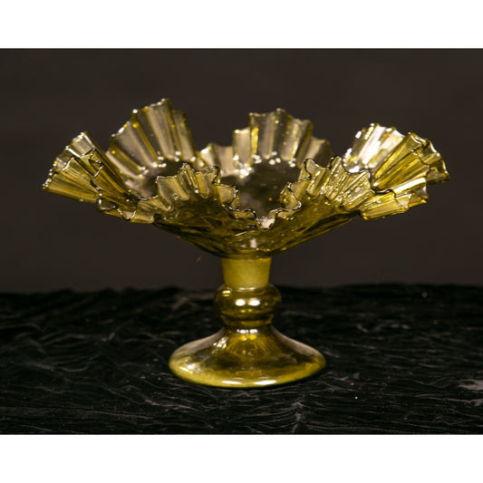 Vintage Hand Blown Glass Bowl Ruffle Edge Green Large