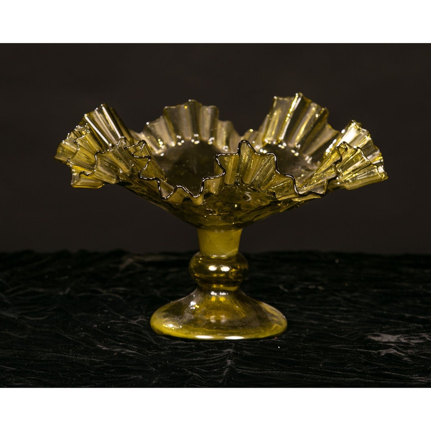 Vintage Hand Blown Glass Bowl Ruffle Edge Green Large