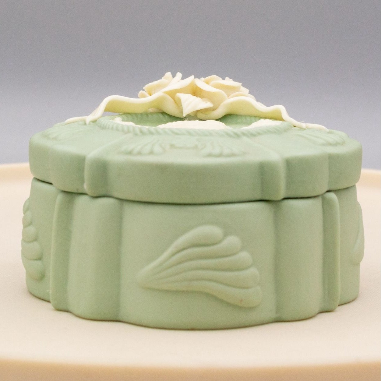 Vintage Wedgwood Style Green Trinket Box Applied Flowers