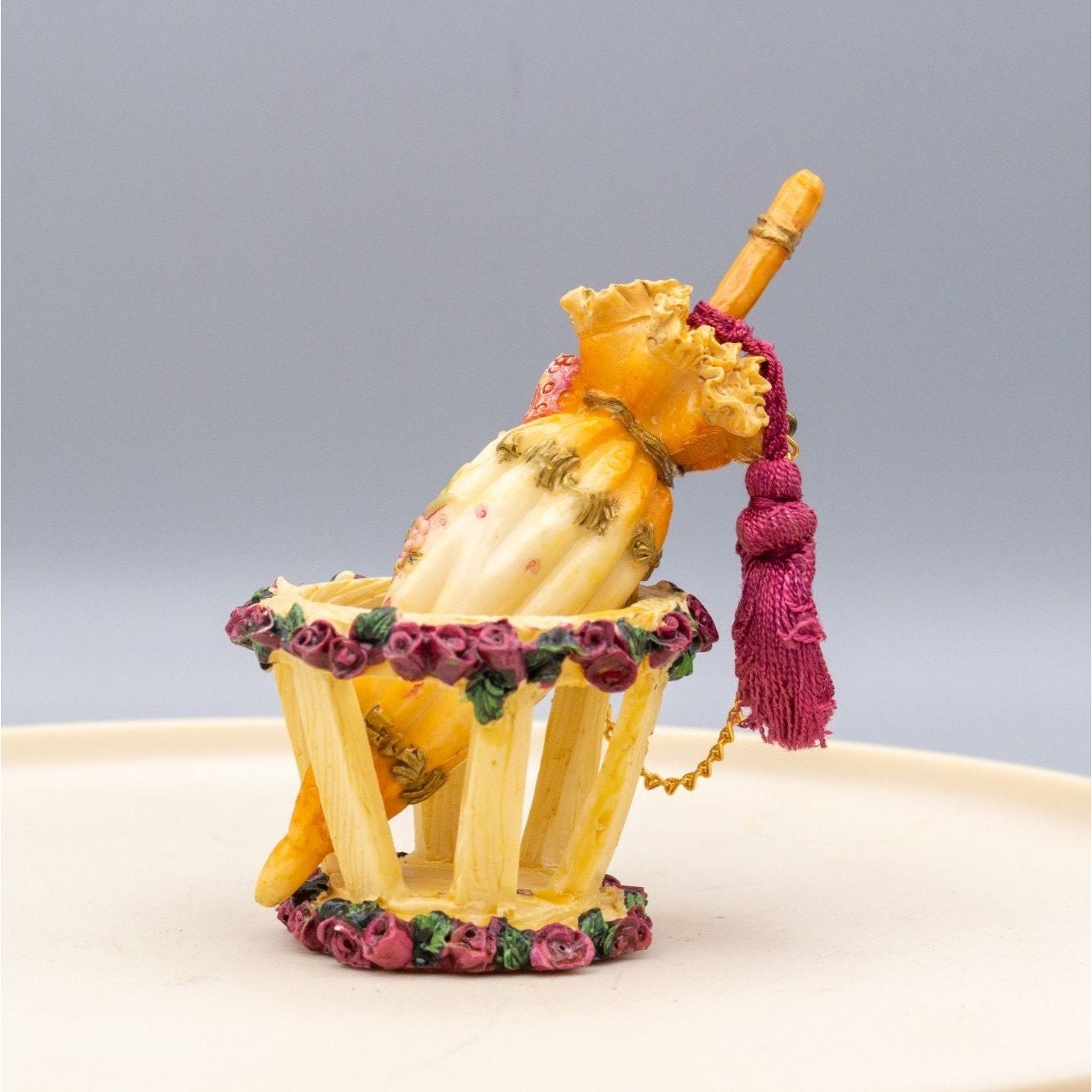 Miniature Floral Umbrella in Umbrella Stand Resin Figurine With Tassel