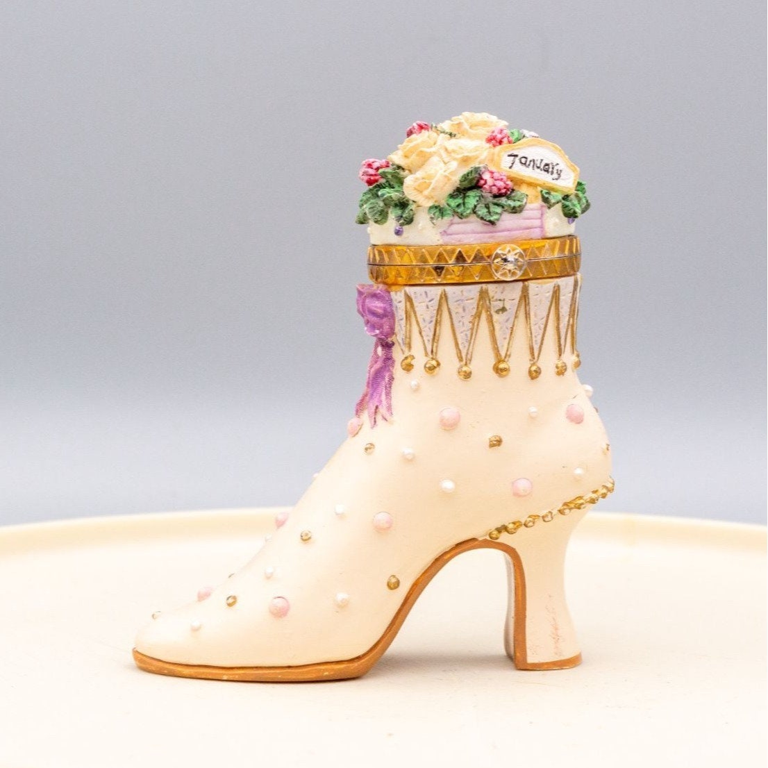 Miniature Resin Shoe Trinket Box January Floral Victorian Figurine