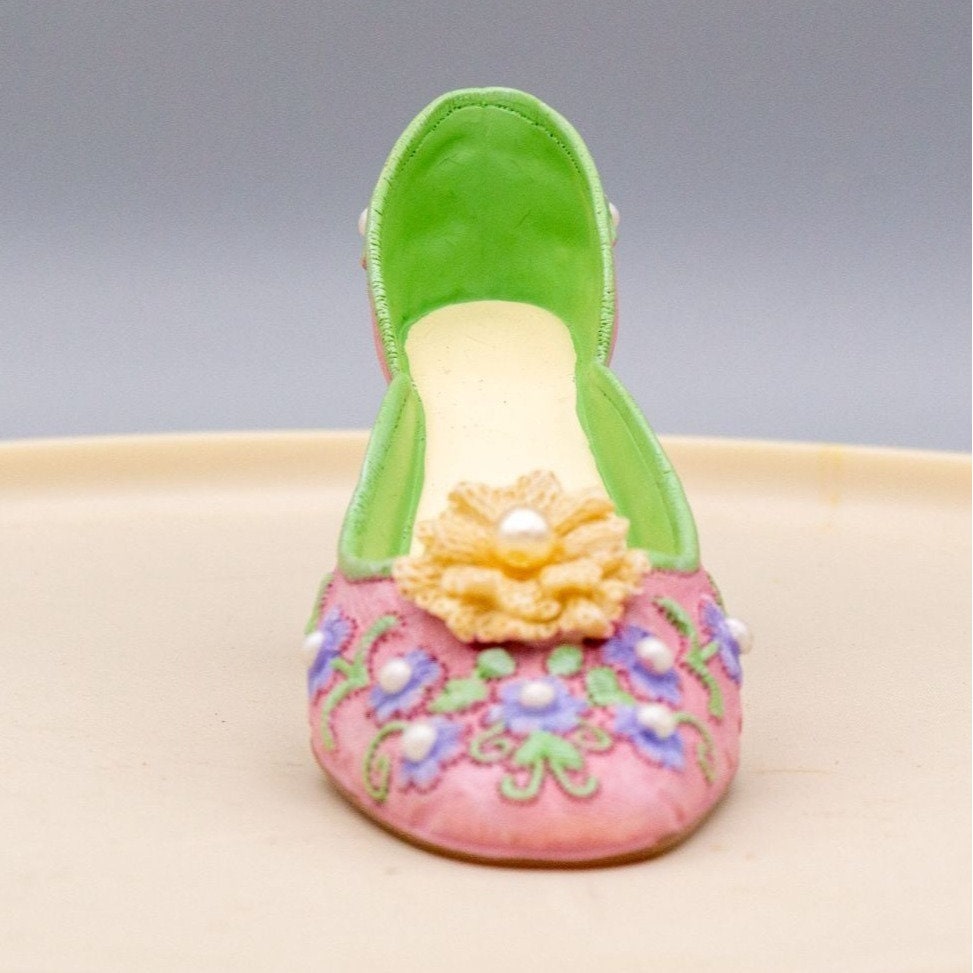Miniature Resin Shoe Figurine Pink Floral Pearl Ornament