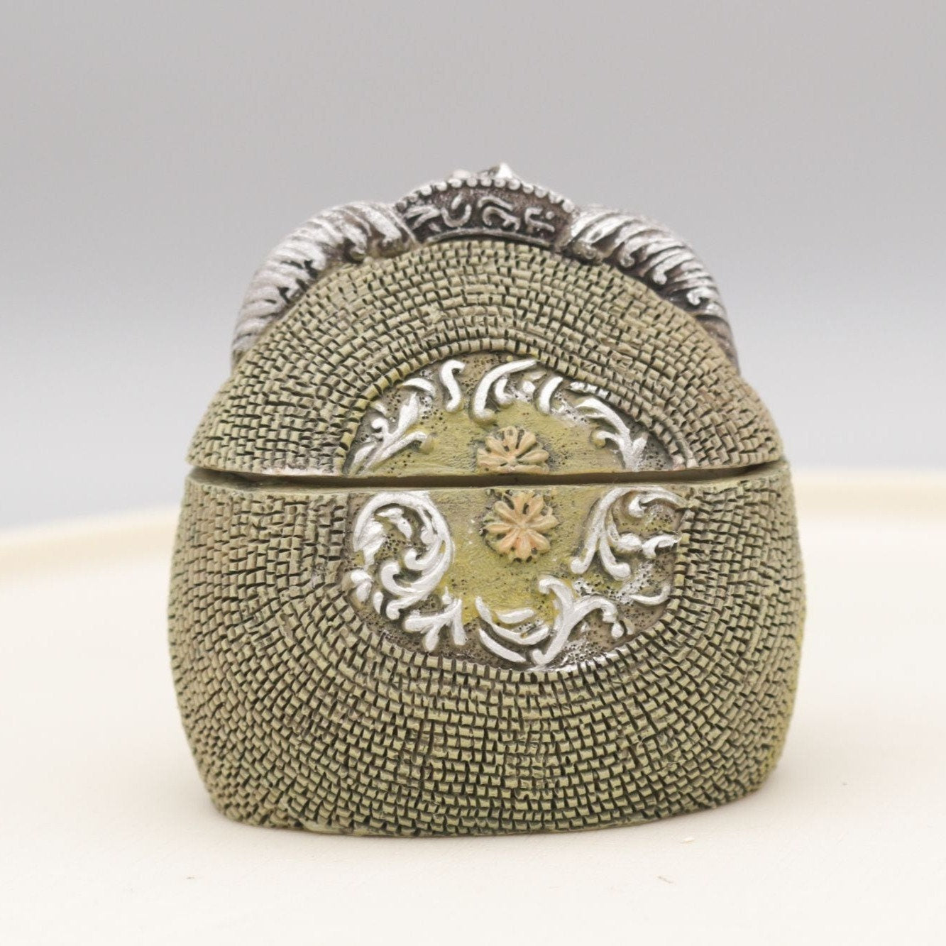 Vintage Beaded Purse Figural Trinket Box with Lid Resin