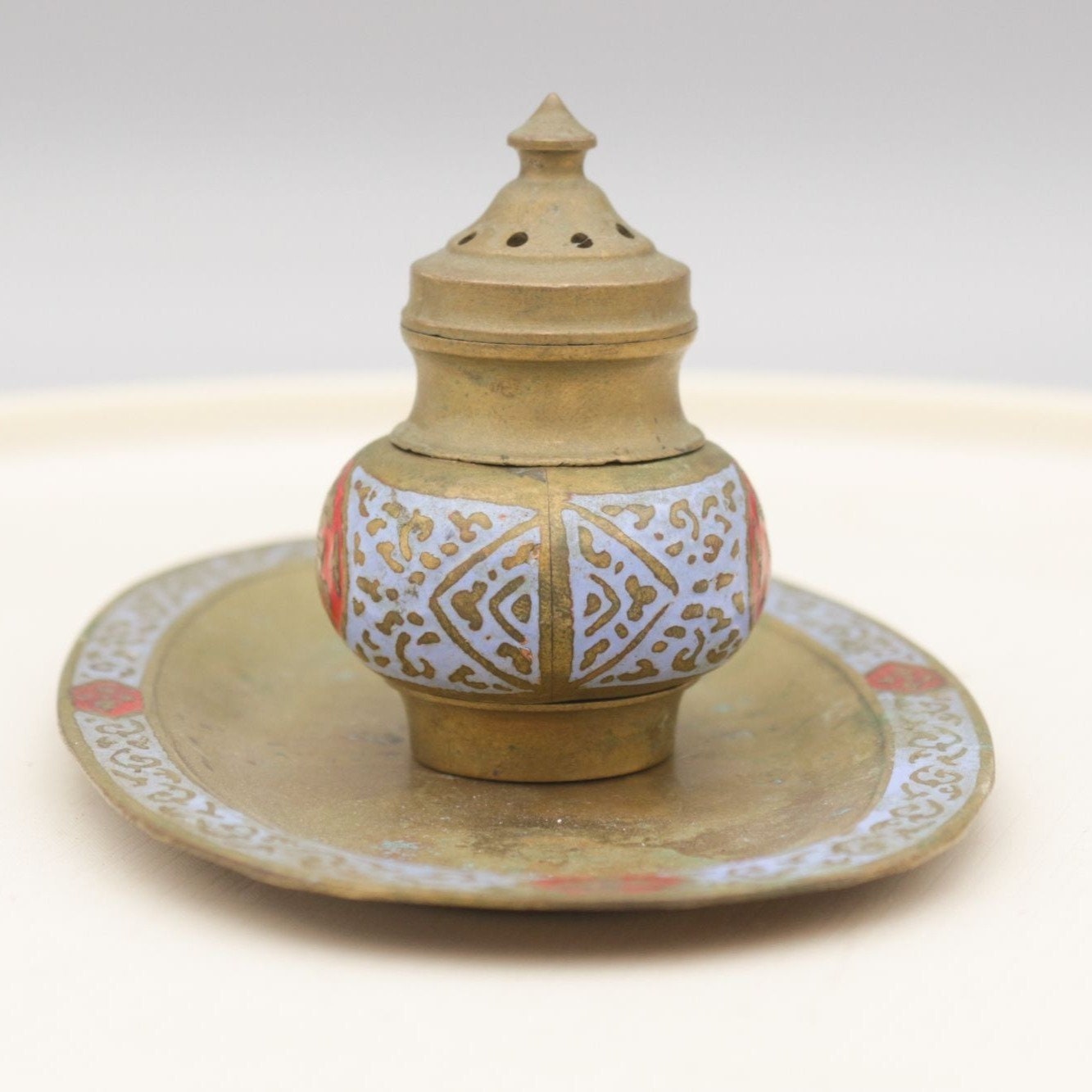 Vintage Painted Brass Made in India Hindu Deity Spice Shaker on Tray