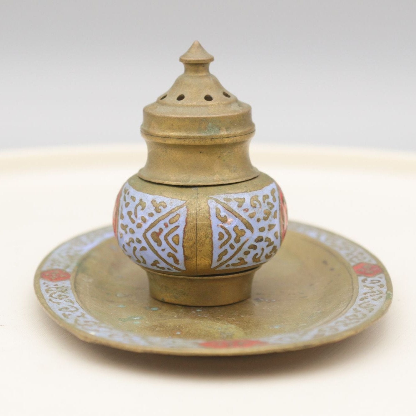 Vintage Painted Brass Made in India Hindu Deity Spice Shaker on Tray