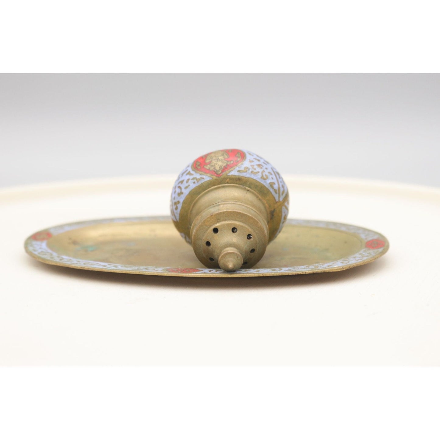 Vintage Painted Brass Made in India Hindu Deity Spice Shaker on Tray