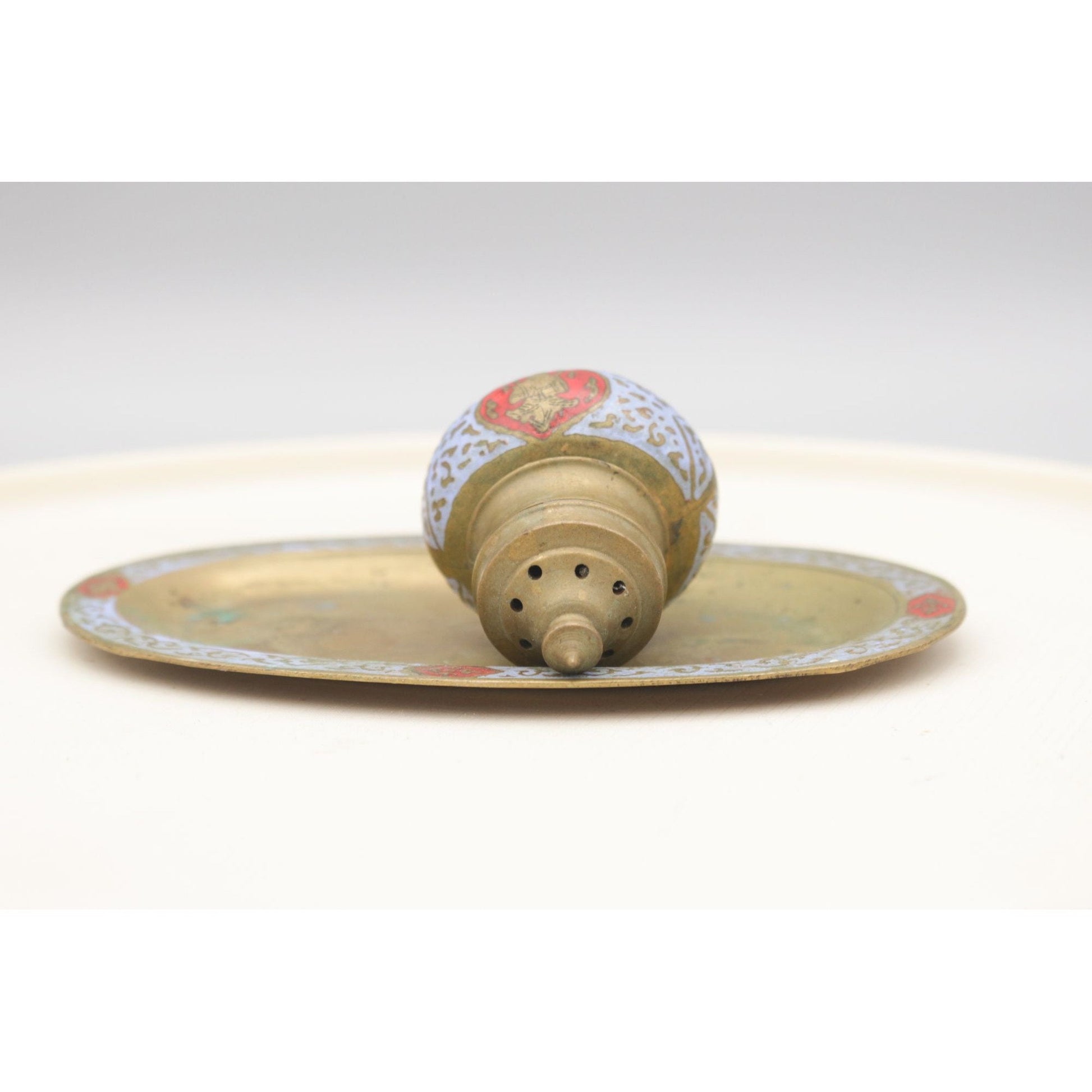 Vintage Painted Brass Made in India Hindu Deity Spice Shaker on Tray