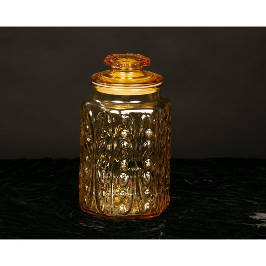 Vintage LE Smith Amber Glass Canister Imperial Atterbury Scroll Motif
