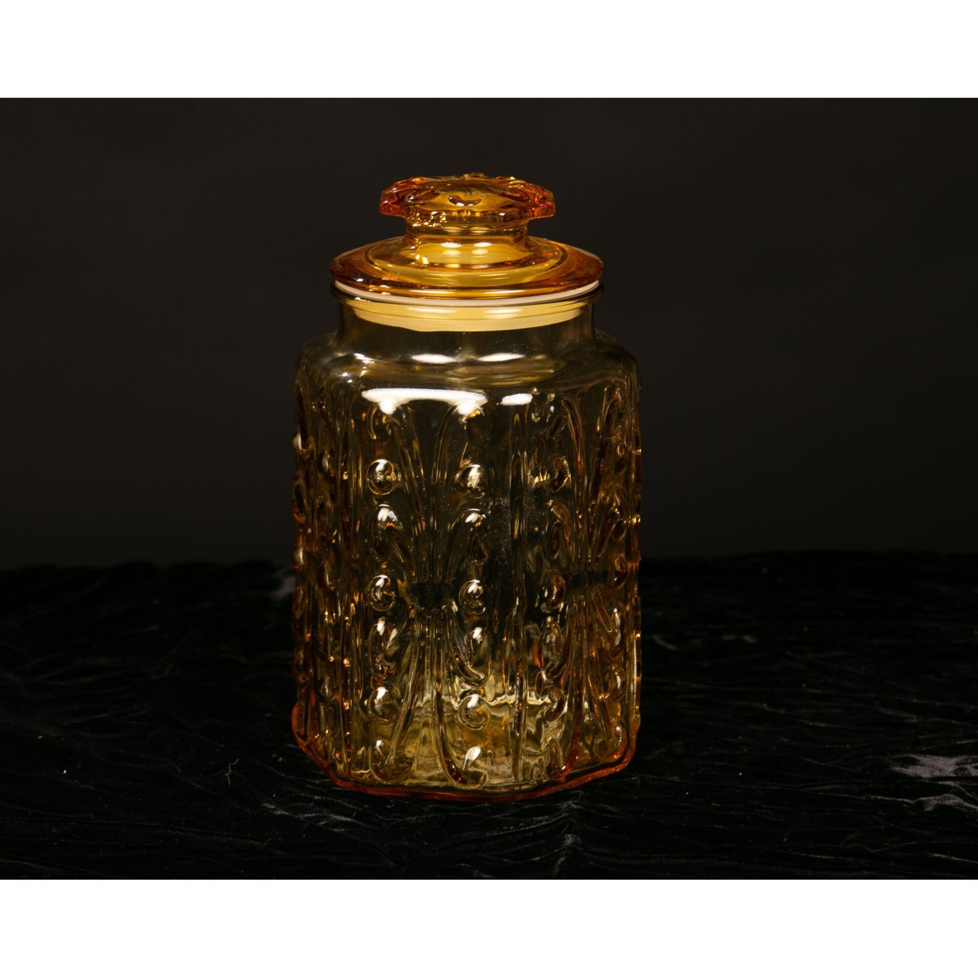 Vintage LE Smith Amber Glass Canister Imperial Atterbury Scroll Motif