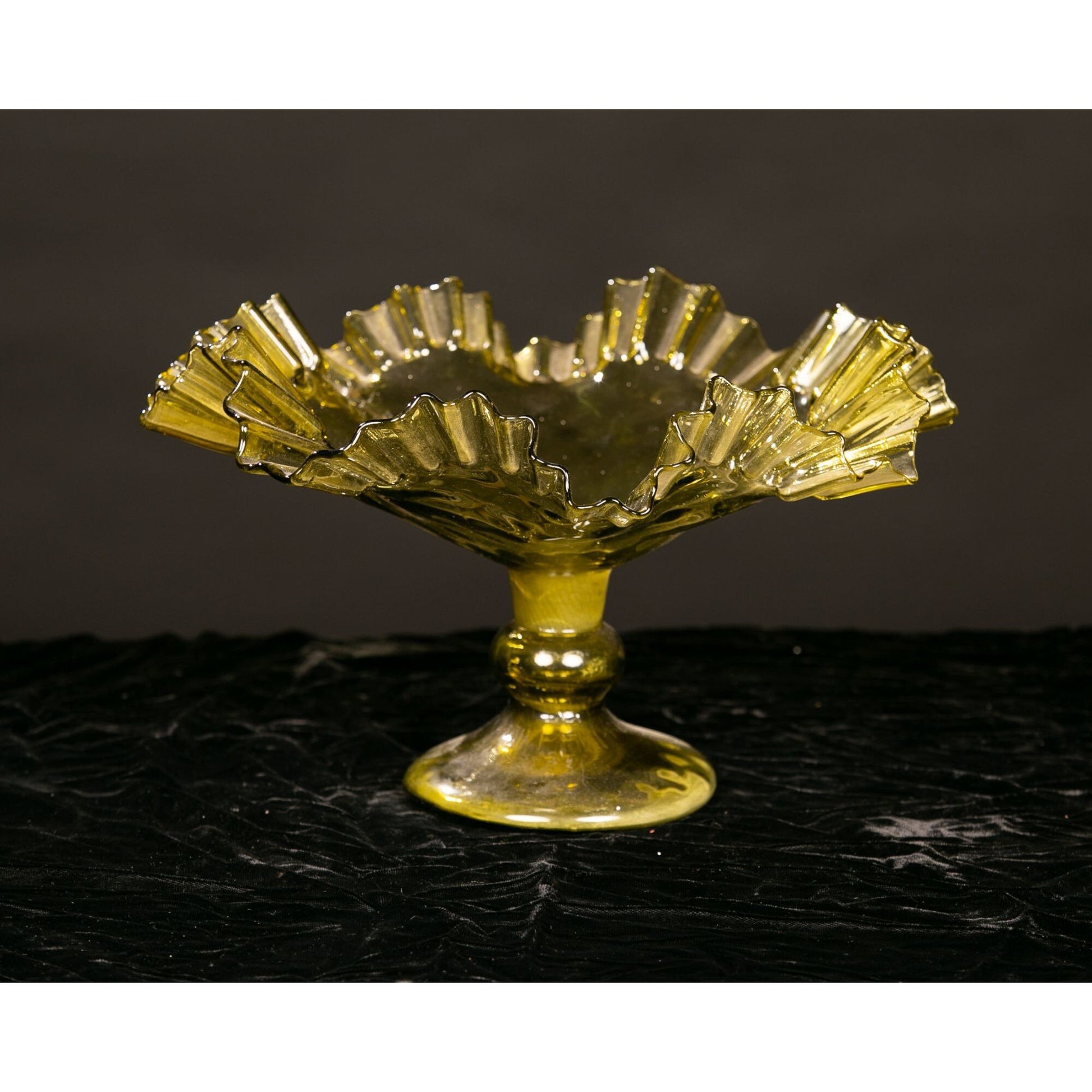 Vintage Hand Blown Glass Bowl Ruffle Edge Green Large