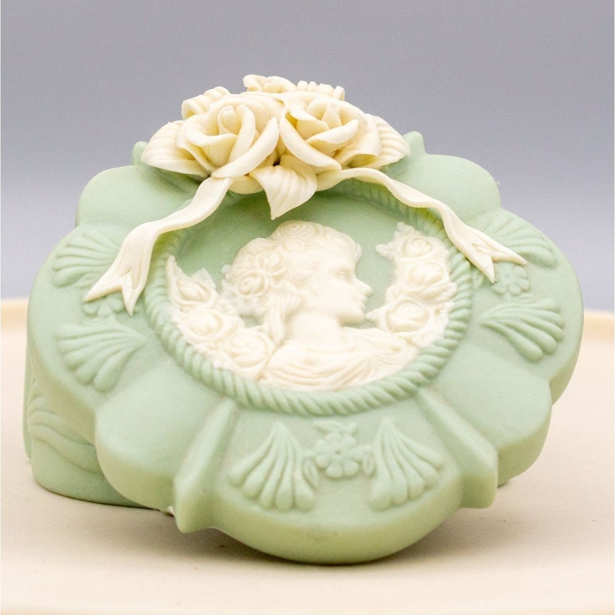 Vintage Wedgwood Style Green Trinket Box Applied Flowers