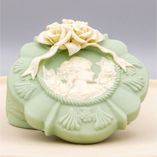 Vintage Wedgwood Style Green Trinket Box Applied Flowers