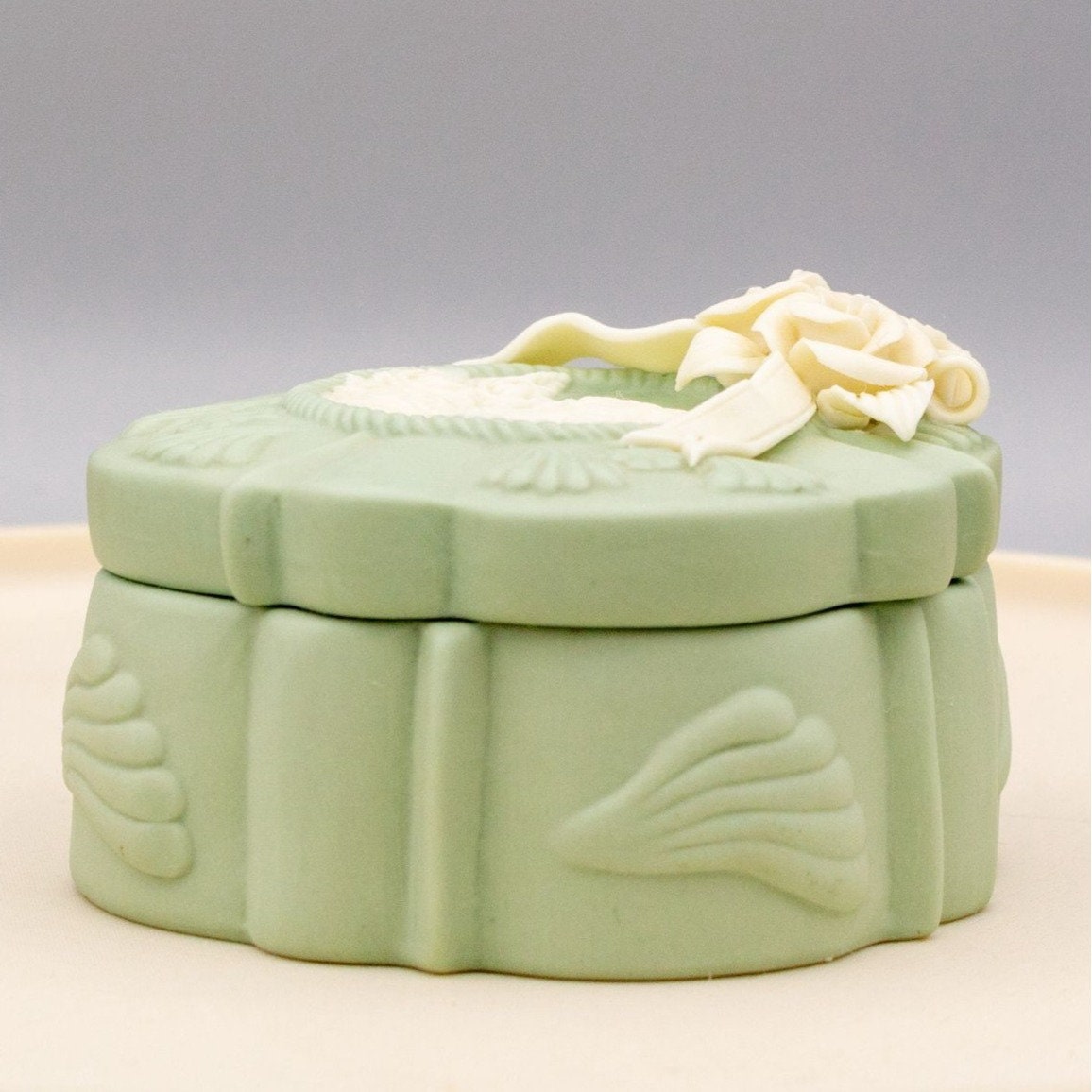 Vintage Wedgwood Style Green Trinket Box Applied Flowers
