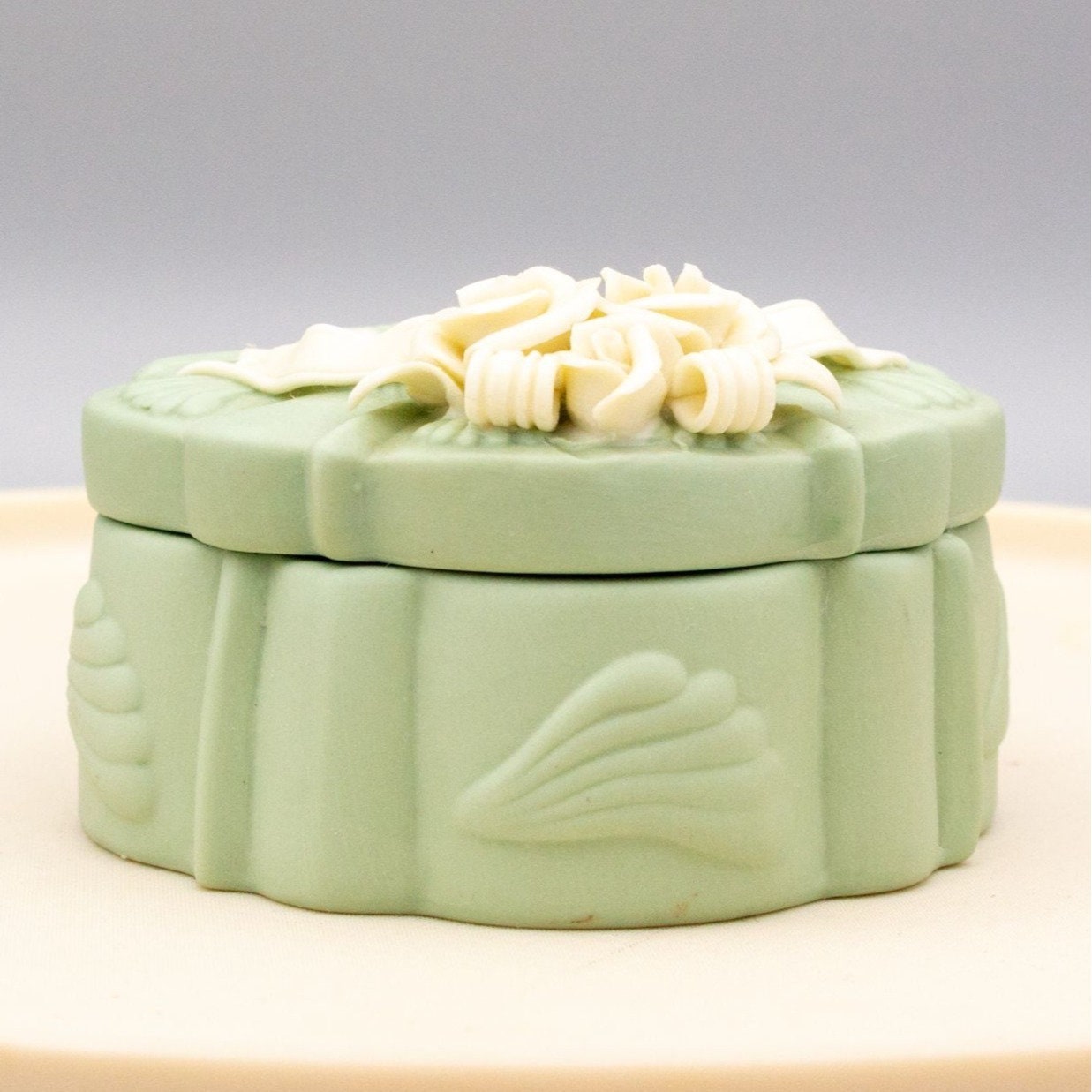 Vintage Wedgwood Style Green Trinket Box Applied Flowers