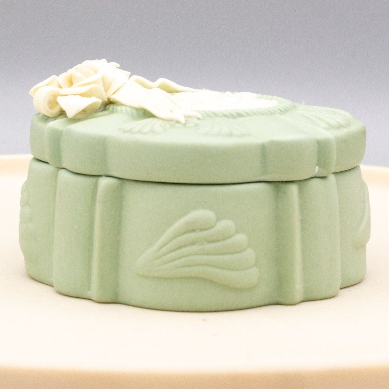 Vintage Wedgwood Style Green Trinket Box Applied Flowers