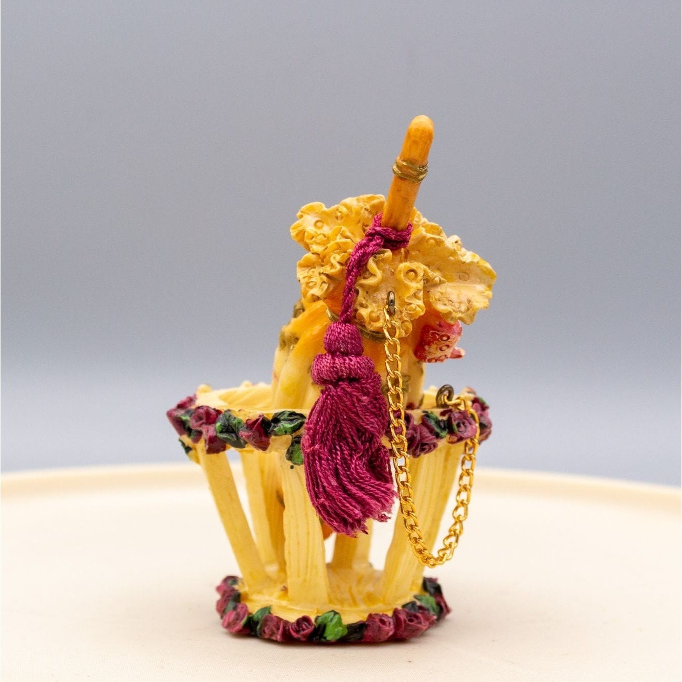 Miniature Floral Umbrella in Umbrella Stand Resin Figurine With Tassel