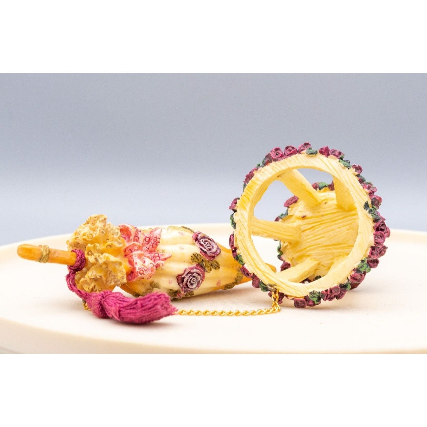 Miniature Floral Umbrella in Umbrella Stand Resin Figurine With Tassel